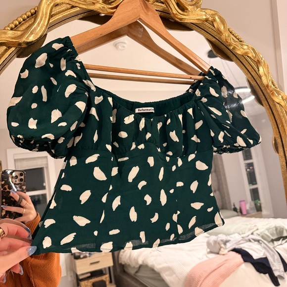 Reformation Berry Milkmaid Puff Sleeve Green Patterned Women's Top - Picture 3 of 8